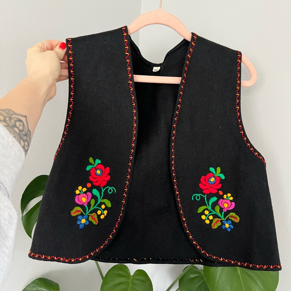 Matyo Hungarian embroidered black vest with bright floral design